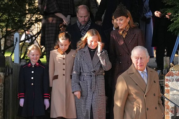 Britain’s King Charles III, right, leaves with Lena Tindall, from left, Princess Charlotte, Prince William, Mia Tindall, and Kate, the Princess of Wales after attending the Christmas Day service at St Mary Magdalene Church.