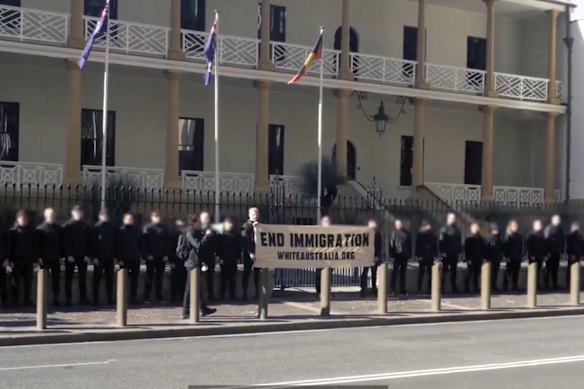 Sydney neo-Nazi leader Jack Eltis and White Australia members on the steps of NSW Parliament House in late June 2025.