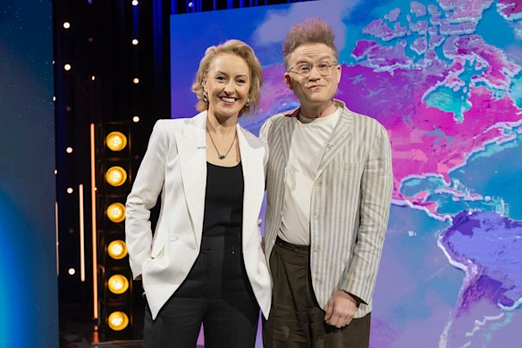 On the set of Race Around The World with host Zan Rowe and contestant-turned-judge John Safran.