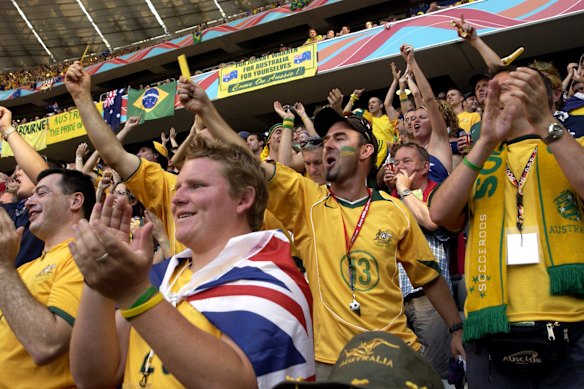 Socceroos fans watching the team play Brazil at the Allianz Arena in Munich at the 2006 FIFA World Cup in Germany.