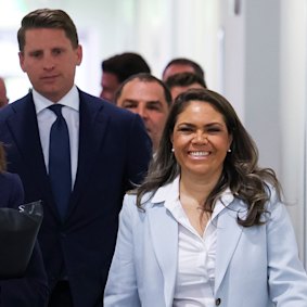 Andrew Hastie and Jacinta Nampijinpa Price arriving for the Liberal party room meeting on Wednesday.