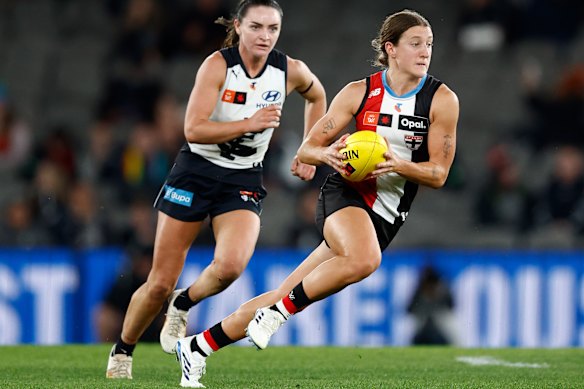 St Kilda’s Tyanna Smith bursts away during the season opener against Carlton.