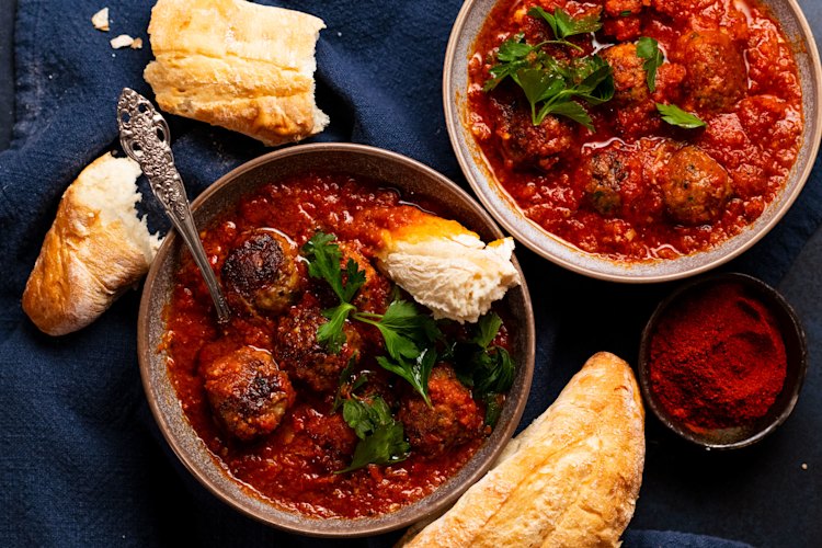 RecipeTin Eats’ smoky Spanish meatballs swimming in chorizo sauce.