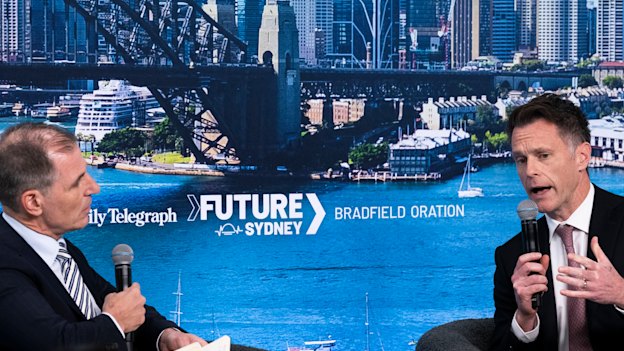The Daily Telegraph editor Ben English and Chris Minns together on a panel in 2024.