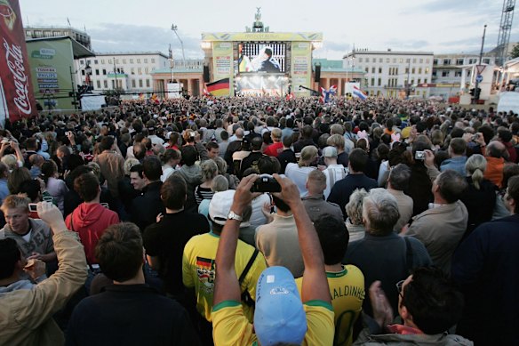 The 2006 FIFA Fan Fest in full swing for the World Cup opening party in front of the Brandenburg Gate.