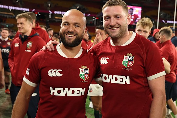 Finn Russell and Jamison Gibson-Park of the British & Irish Lions celebrate after their victory against the Queensland Reds