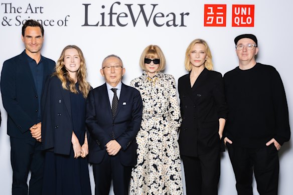 Roger Federer, Clare Waight Keller, Koji Yanai, Anna Wintour, Cate Blanchett and artist-in-residence Kaws at the Uniqlo event in New York.