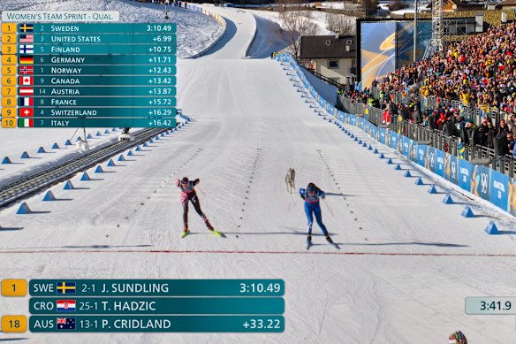 A two-year-old Czechoslovakian wolfdog broke past security and finished 20th in the women’s cross-country skiing team sprint qualifier. Team Australia finished 18th.