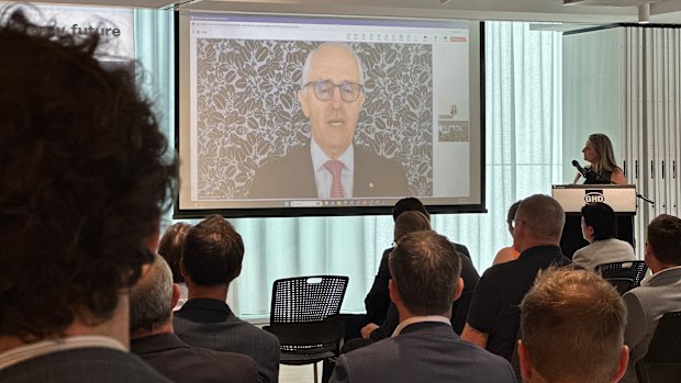 Former prime minister Malcolm Turnbull appearing via videolink at the ‘Pumped Storage: Powering Australia’s Energy Future’ conference in Brisbane yesterday.