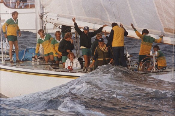 Alan Bond and crew celebrate winning the 1983 Americas Cup on Australia II.