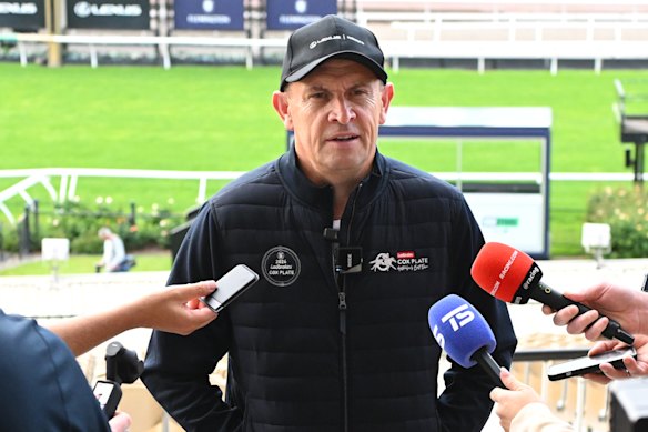 Waller speaking to the media at Flemington earlier this month.