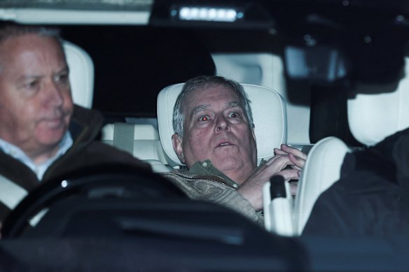 Andrew Mountbatten Windsor, younger brother of King Charles, leaves Aylsham police station.&nbsp;