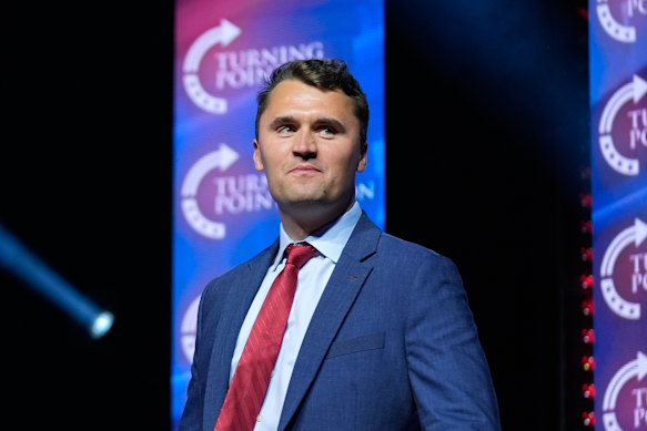 Charlie Kirk arrives at a campaign rally for Donald Trump in Las Vegas in 2024.