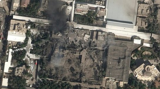 A satellite image shows heavy damage to Khamenei’s compound in Tehran.