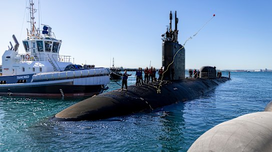 A US Virginia class nuclear-powered submarine berths in Western Australia in 2024.
