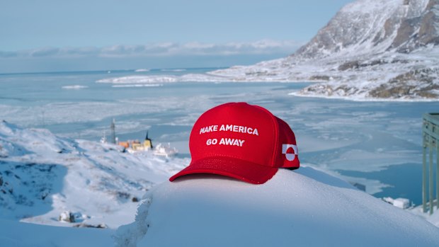  a baseball cap, distributed for free by Danish artist Jens Martin Skibsted, in Sisimiut, Greenland. 