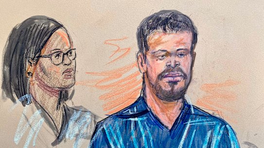 A courtroom sketch depicting Cole Tomas Allen, right, in court in Washington on Monday with his attorney, Tezira Abeseen.