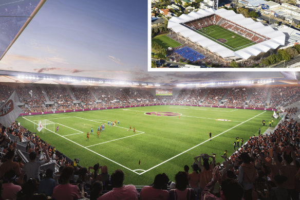 The state government has rejected a petition calling for a mid-size stadium, such as this Football Queensland vision, at Perry Park in Bowen Hills.