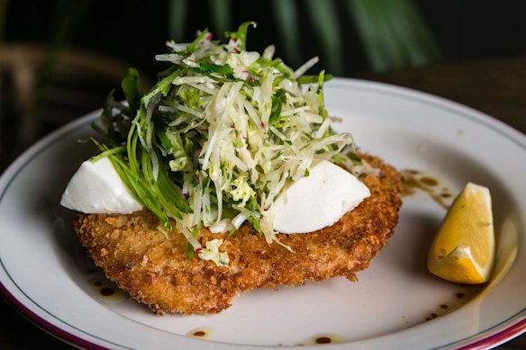 Mount Erica Hotel’s chicken schnitzel, served with fresh bocconcini and cabbage slaw.