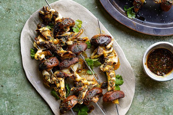 Chermoula mushroom skewers.