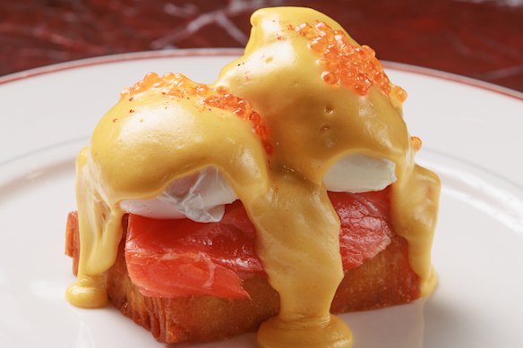  hash brown topped with poached eggs, ocean trout and prosecco hollandaise.