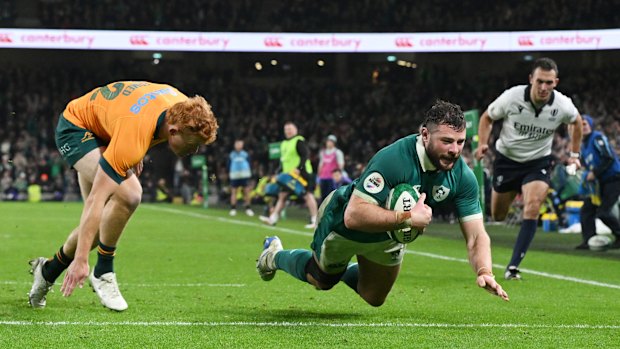 Robbie Henshaw crosses for Ireland’s sixth try in their thumping win over Australia.
