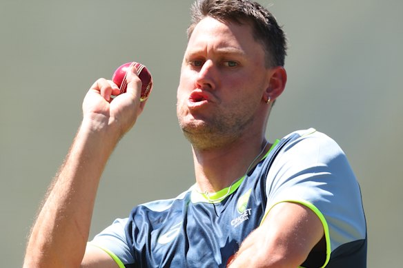 Beau Webster bowls in the nets in Perth on Monday.