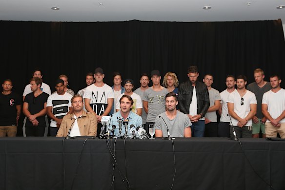 The Essendon 34 front the media at the Pullman Hotel on March 31, 2015, the day the AFL Anti-Doping Tribunal delivered a “not guilty” finding. 
