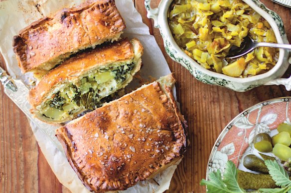 Picnic pie and green tomato relish (foreground).