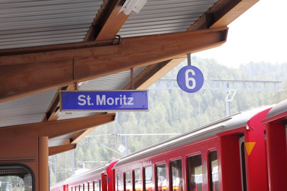  A train at the station of the legendary winter and summer playground of St Moritz.