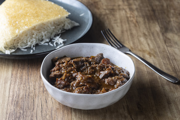 Vavishka (caramelised beef, tomato and onion in pomegranate sauce, pictured with katte rice, left) features on the “sofreye Gilani” (northern spread) on Saturdays.