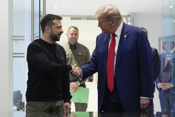 Donald Trump and Ukraine’s President Volodymyr Zelensky shake hands during their meeting at Trump Tower, New York in September 2024.