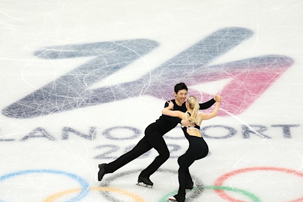 Holly Harris and Jason Chan train at the Milano Ice Skating Arena on Thursday.