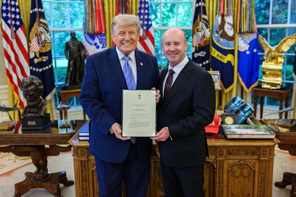 Australia’s ambassador to the US, Greg Moriarty in a formal ceremony to present his credentials to President Donald Trump in the Oval Office last month.