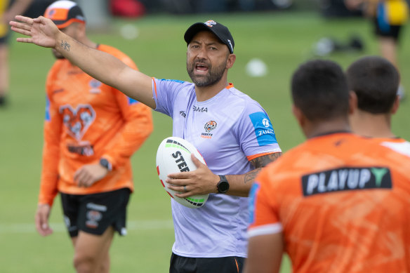Benji Marshall barks orders at Wests Tigers pre-season training.