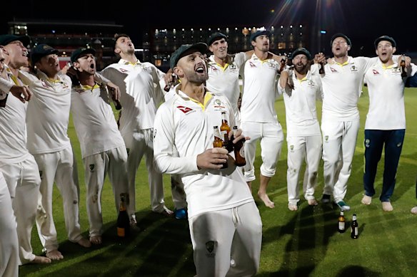 Nathan Lyon blasts a rendition of ‘Underneath the Southern Cross’ at Old Trafford during the 2019 Ashes. 