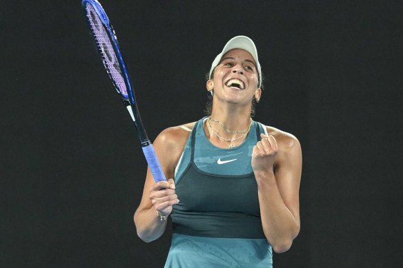 Madison Keys celebrates winning through to the final.