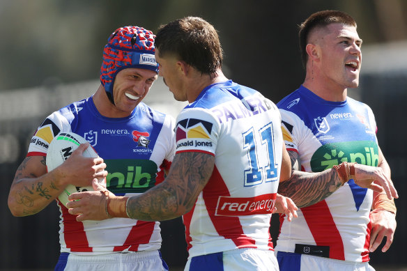 Kalyn Ponga celebrates after scoring the Knights’ sixth try, just before half-time.