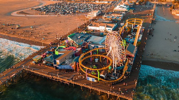 Santa Monica Pier at sunset.