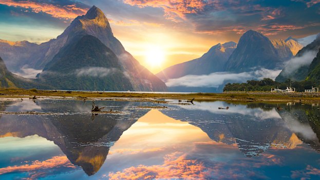 Mitre Peak rising from Milford Sound in Fiordland National Park.