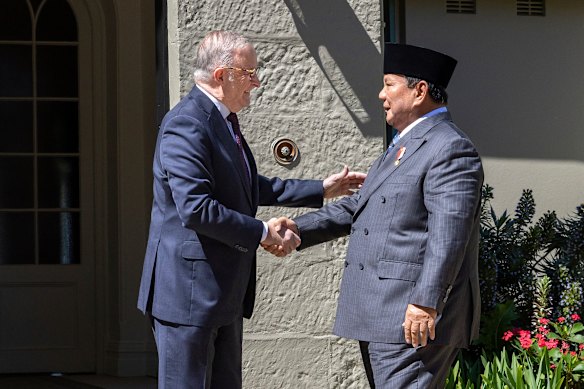 Prime Minister Anthony Albanese welcomes Indonesian President Prabowo Subianto to Kirribilli House on Wednesday. 