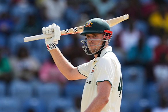 Australia’s Cameron Green celebrates scoring a half-century against the West Indies in Grenada. 