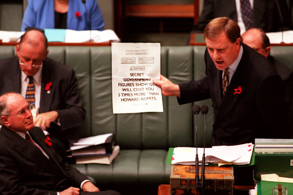 Peter Costello and John Howard debate the GST legislation in parliament.