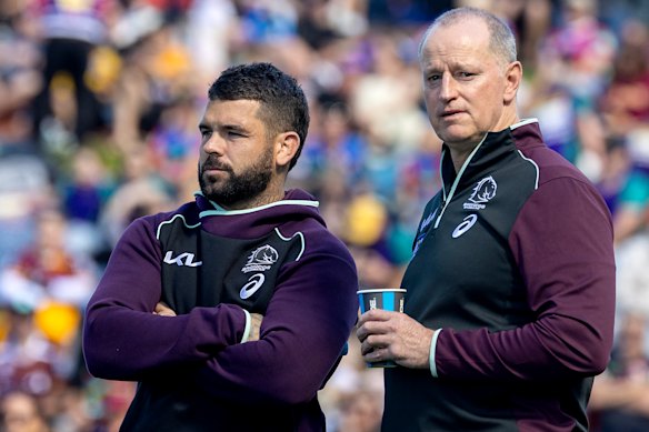 Broncos coach Michael Maguire and Adam Reynolds.