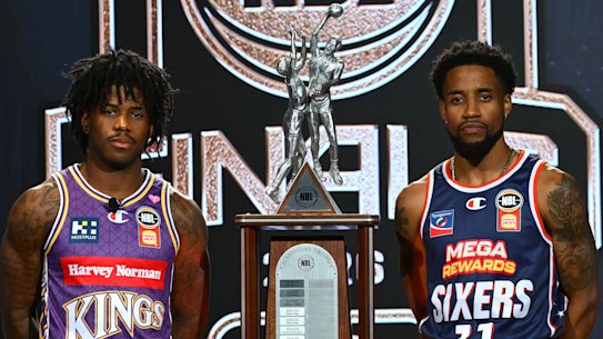 Kendric Davis of the Kings and Bryce Cotton of the 36ers pose during the NBL finals series launch.