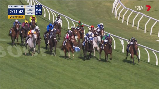 The moment the falls occurred in the Caulfield Cup.