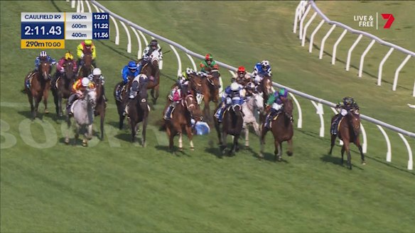 The moment the falls occurred in the Caulfield Cup.