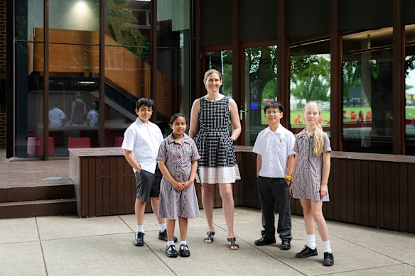 Principal Jen Bourke with students at Ballarat Clarendon College, which recorded impressive results in last year’s NAPLAN tests. 