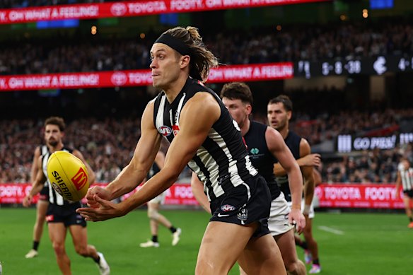 Darcy Moore is the lone tall in Collingwood’s defence against the Blues.