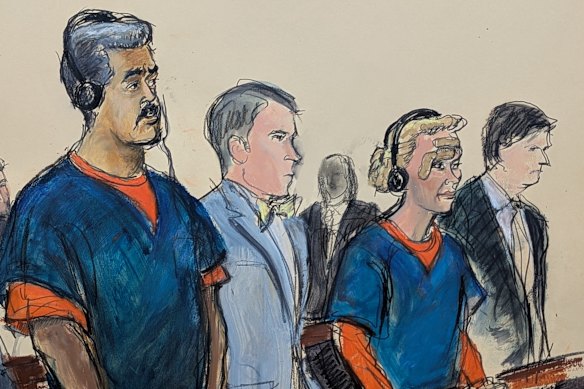 A court sketch of Maduro and Flores in court with their lawyers.